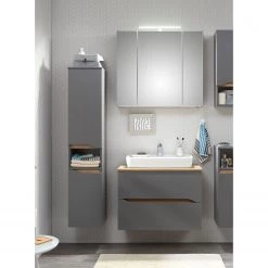 Pelipal Salle de bain Tiberio VII (3 éléments) - Avec éclairage - Gris quartz mat / Imitation chêne Riviera