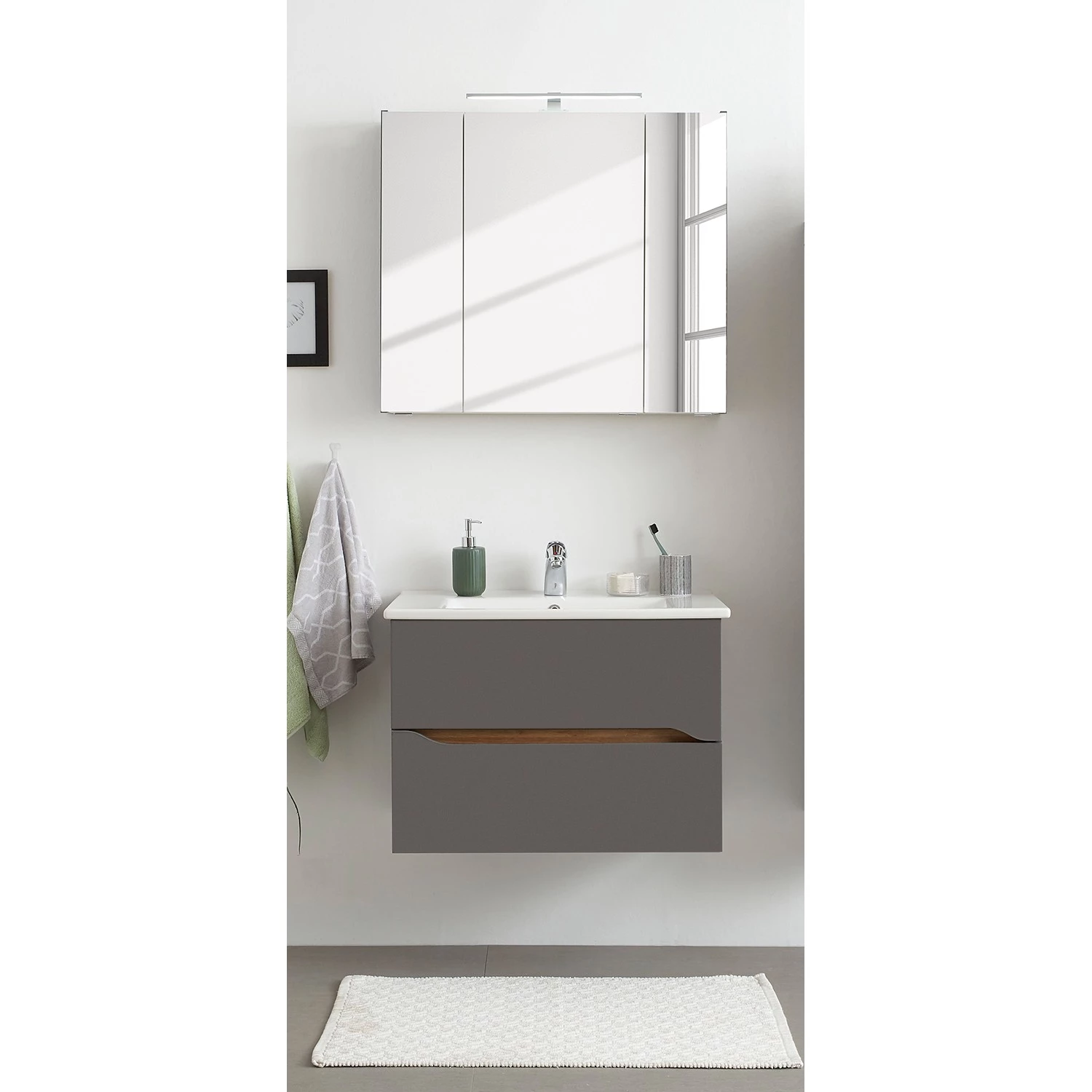 Pelipal Salle de bain Tiberio III (2 éléments) - Avec éclairage - Gris quartz mat / Imitation chêne Riviera 3 Pelipal Salle de bain Tiberio III (2 éléments) - Avec éclairage - Gris quartz mat / Imitation chêne Riviera