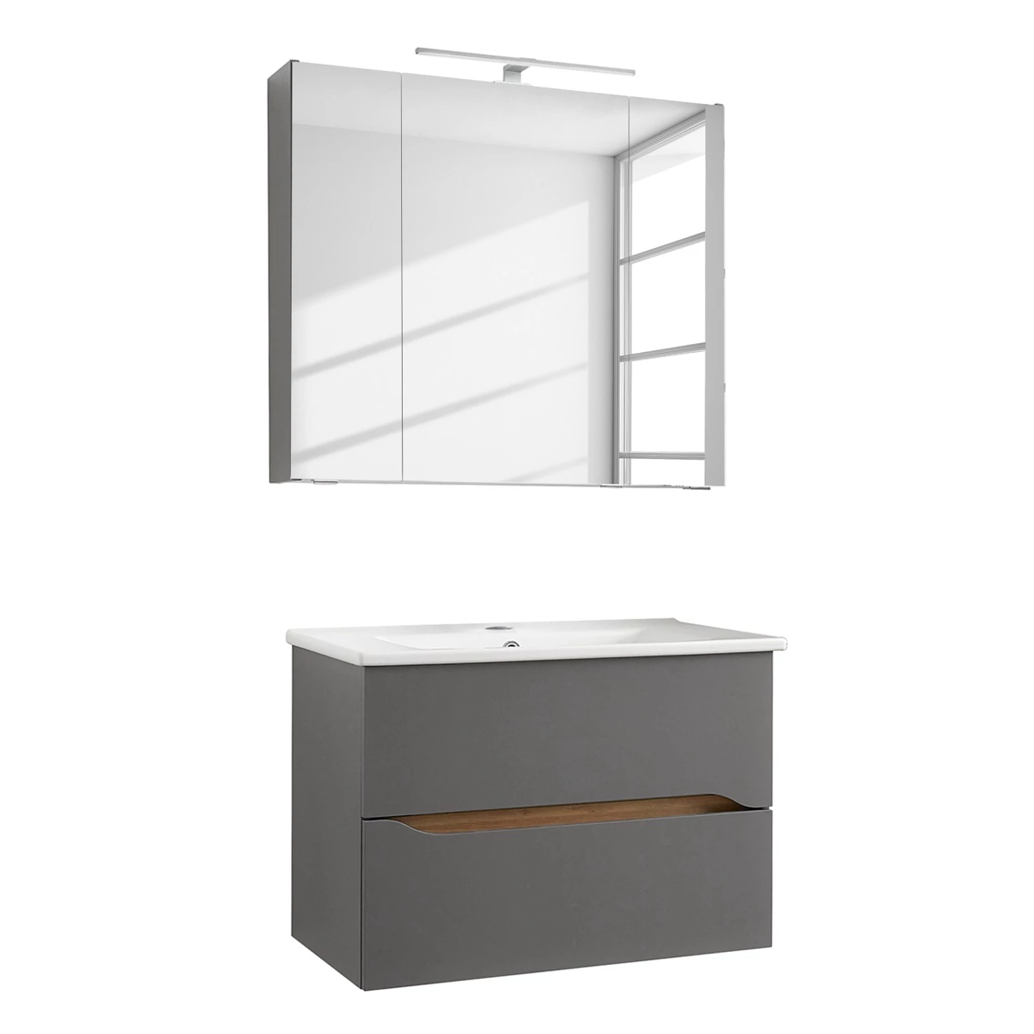 Pelipal Salle de bain Tiberio III (2 éléments) - Avec éclairage - Gris quartz mat / Imitation chêne Riviera 5 Pelipal Salle de bain Tiberio III (2 éléments) - Avec éclairage - Gris quartz mat / Imitation chêne Riviera – Image 3