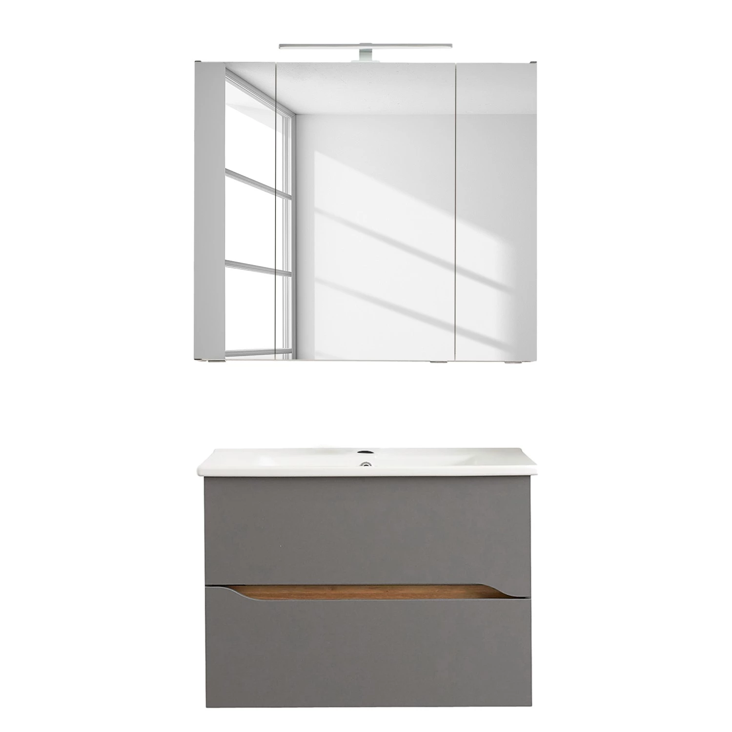 Pelipal Salle de bain Tiberio III (2 éléments) - Avec éclairage - Gris quartz mat / Imitation chêne Riviera 6 Pelipal Salle de bain Tiberio III (2 éléments) - Avec éclairage - Gris quartz mat / Imitation chêne Riviera – Image 4