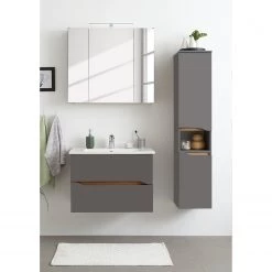 Pelipal Salle de bain Tiberio IV (3 éléments) - Avec éclairage - Gris quartz mat / Imitation chêne Riviera