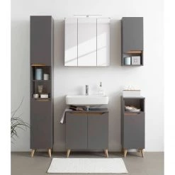 Pelipal Salle de bain Tiberio I (5 éléments) - Avec éclairage - Gris quartz mat / Imitation chêne Riviera