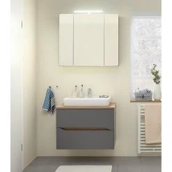 Pelipal Salle de bain Tiberio VI (2 éléments) - Avec éclairage - Gris quartz mat / Imitation chêne Riviera