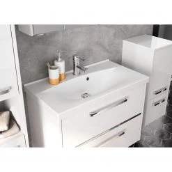 Pelipal Salle de bain 3050 III (2 élém.) - Éclairage inclus - Avec vasque en fonte minérale - Blanc brillant - Largeur : 77 cm -Meubles de salle de bain Soldes 2022 1000194095 191112 15580200023 DETAILS P000000001000194095