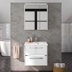 Pelipal Salle de bain 3050 IV (2 éléments) - Éclairage tiroir inclus - Avec vasque en fonte minérale - Blanc brillant - Largeur : 62 cm