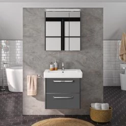 Pelipal Salle de bain 3050 I (2 éléments) - Éclairage inclus - Avec vasque en céramique - Gris mat - Largeur : 65 cm