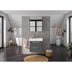 Pelipal Salle de bain 3050 I (2 éléments) - Éclairage inclus - Avec vasque en céramique - Gris mat - Largeur : 65 cm -Meubles de salle de bain Soldes 2022 1000194112 191112 15581500149 MOOD DETAILS P000000001000194112 mood