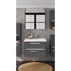 Pelipal Salle de bain 3050 III (2 élém.) - Éclairage inclus - Avec vasque en fonte minérale - Gris mat - Largeur : 77 cm