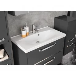Pelipal Salle de bain 3050 III (2 élém.) - Éclairage inclus - Avec vasque en fonte minérale - Gris mat - Largeur : 77 cm -Meubles de salle de bain Soldes 2022 1000194116 191112 15581800183 DETAILS P000000001000194116