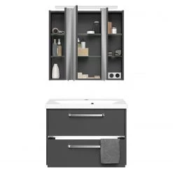 Pelipal Salle de bain 3050 IV (2 éléments) - Éclairage tiroir inclus - Avec vasque en fonte minérale - Gris mat - Largeur : 77 cm -Meubles de salle de bain Soldes 2022 1000194119 191112 15582000209 DETAILS P000000001000194119
