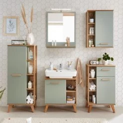 Pelipal Salle de bain Salvie V (5 éléments) - Avec éclairage - Sauge / Imitation chêne Riviera