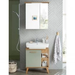 Pelipal Salle de bain Salvie II (2 éléments) - Avec éclairage - Sauge / Imitation chêne Riviera