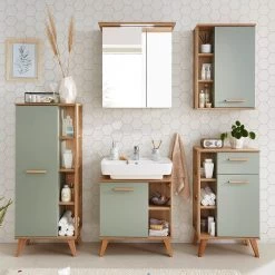 Pelipal Salle de bain Salvie VI (5 éléments) - Avec éclairage - Sauge / Imitation chêne Riviera