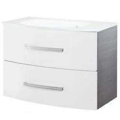 Fackelmann Meuble avec vasque Lugano II - Avec éclairage - Blanc brillant / Imitation pin anthracite