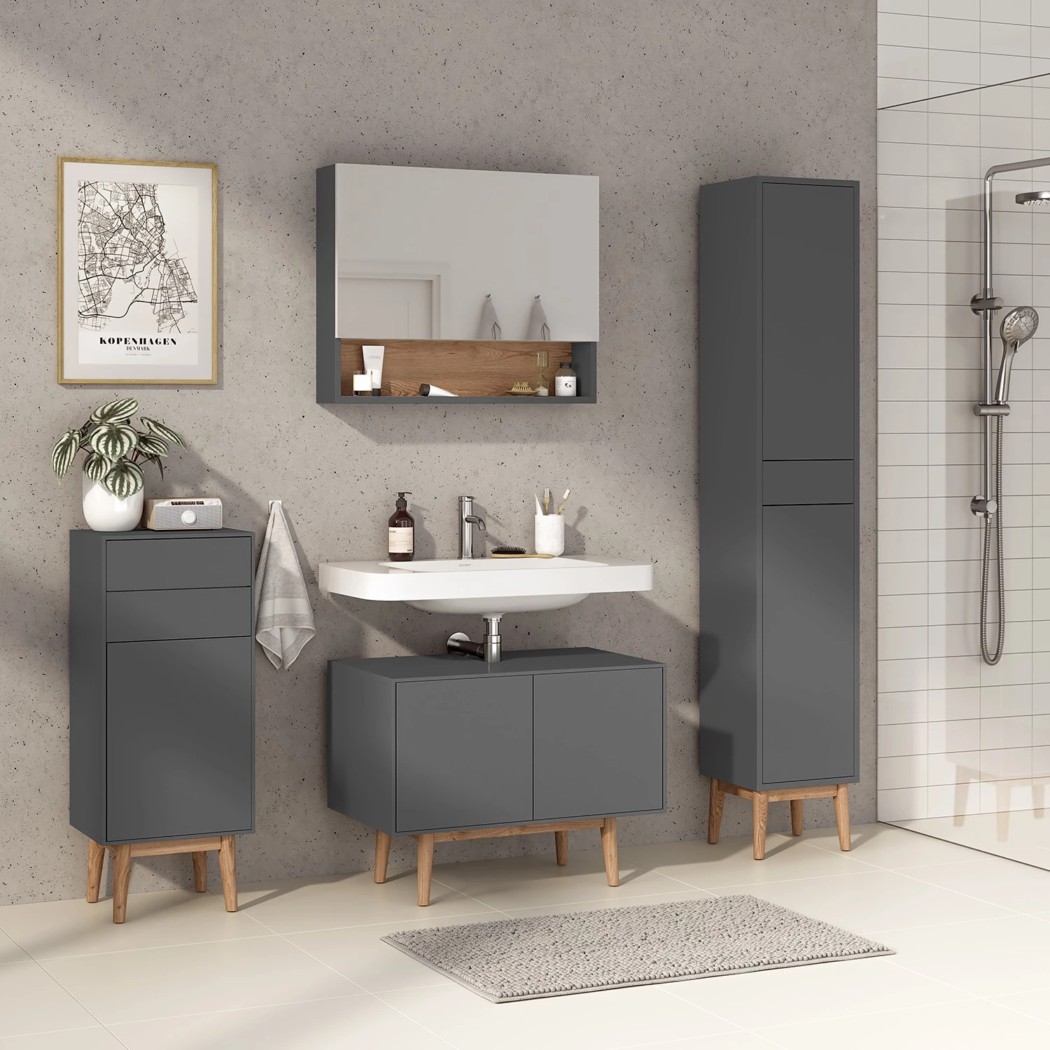 Mørteens Salle de bain Lindholm III (4 éléments) - Partiellement en chêne massif - Gris mat 4 Mørteens Salle de bain Lindholm III (4 éléments) - Partiellement en chêne massif - Gris mat – Image 2