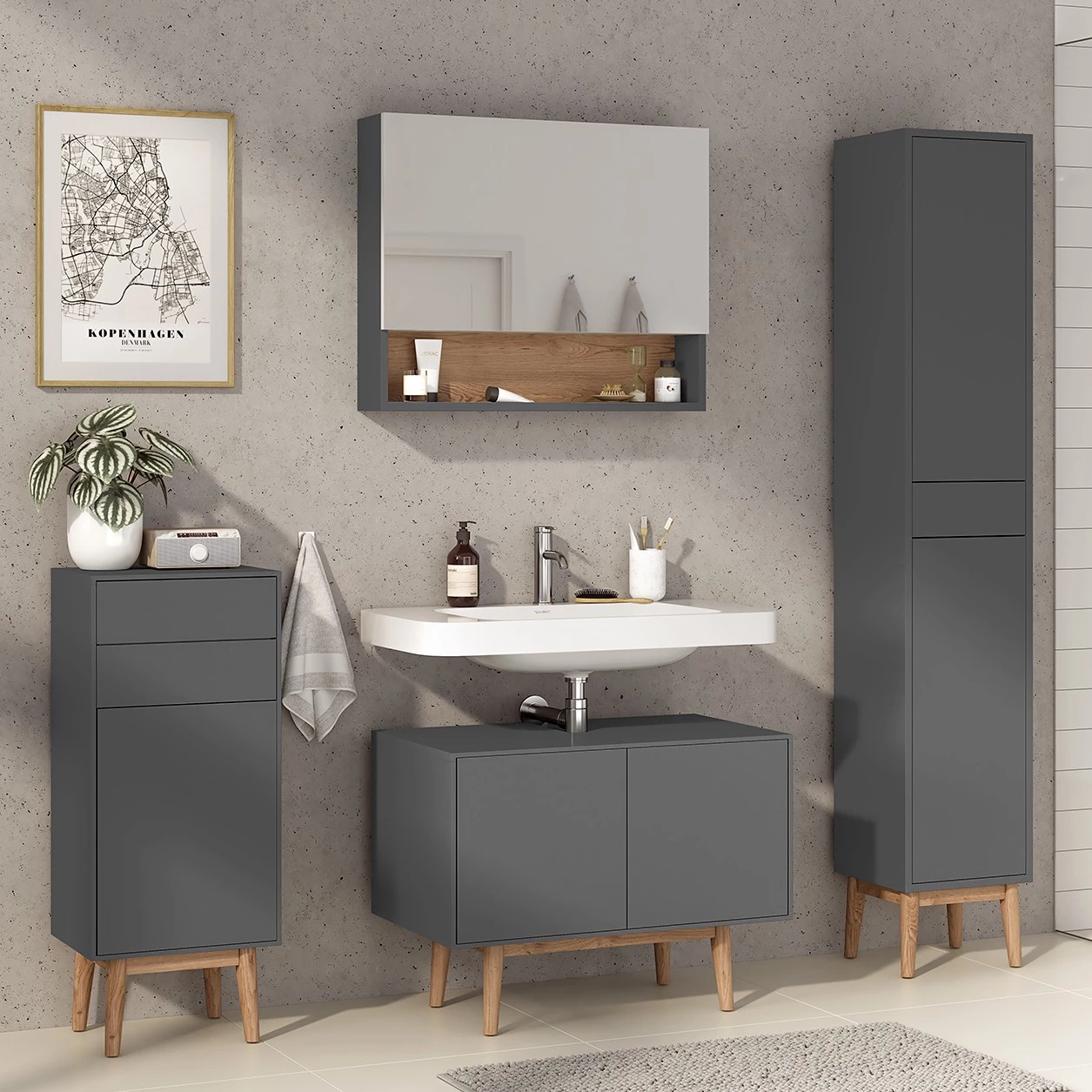 Mørteens Salle de bain Lindholm III (4 éléments) - Partiellement en chêne massif - Gris mat 3 Mørteens Salle de bain Lindholm III (4 éléments) - Partiellement en chêne massif - Gris mat