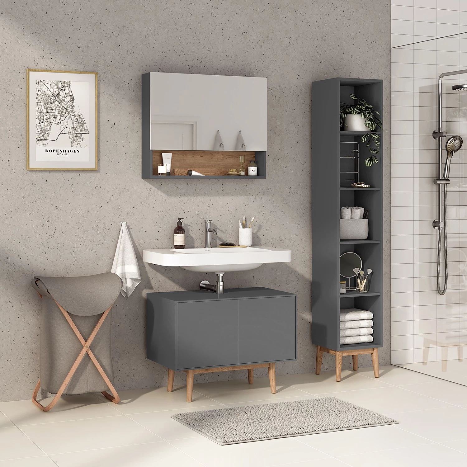 Mørteens Salle de bain Lindholm V (3 éléments) - Partiellement en chêne massif - Gris mat 4 Mørteens Salle de bain Lindholm V (3 éléments) - Partiellement en chêne massif - Gris mat – Image 2