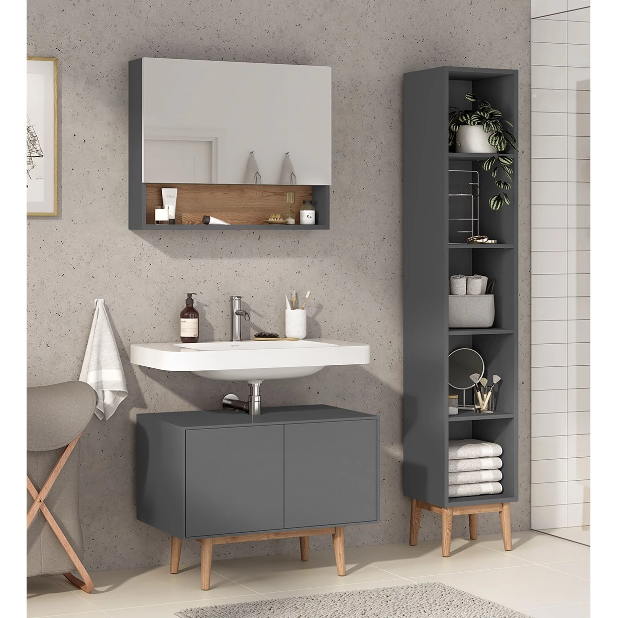Mørteens Salle de bain Lindholm V (3 éléments) - Partiellement en chêne massif - Gris mat 3 Mørteens Salle de bain Lindholm V (3 éléments) - Partiellement en chêne massif - Gris mat