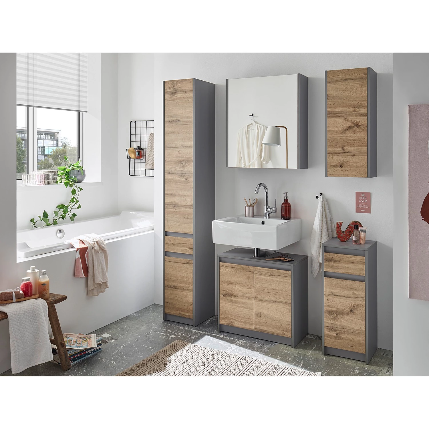 Red Living Meuble sous vasque Romslo - Imitation chêne sauvage / Gris 4 Red Living Meuble sous vasque Romslo - Imitation chêne sauvage / Gris – Image 2