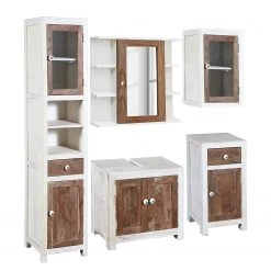 Wolf-Möbel Salle de bain Maison I (5 éléments) - Acacia massif - Acacia couleur pierre / Blanc cassé