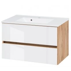 Giessbach Meuble avec vasque Tira II - Avec vasque en céramique - Verre Blanc / Imitation chêne Wotan