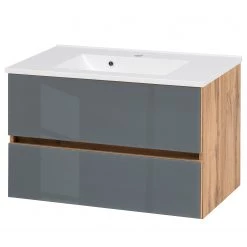 Giessbach Meuble avec vasque Tira II - Avec vasque en céramique - Verre Gris / Imitation chêne Wotan