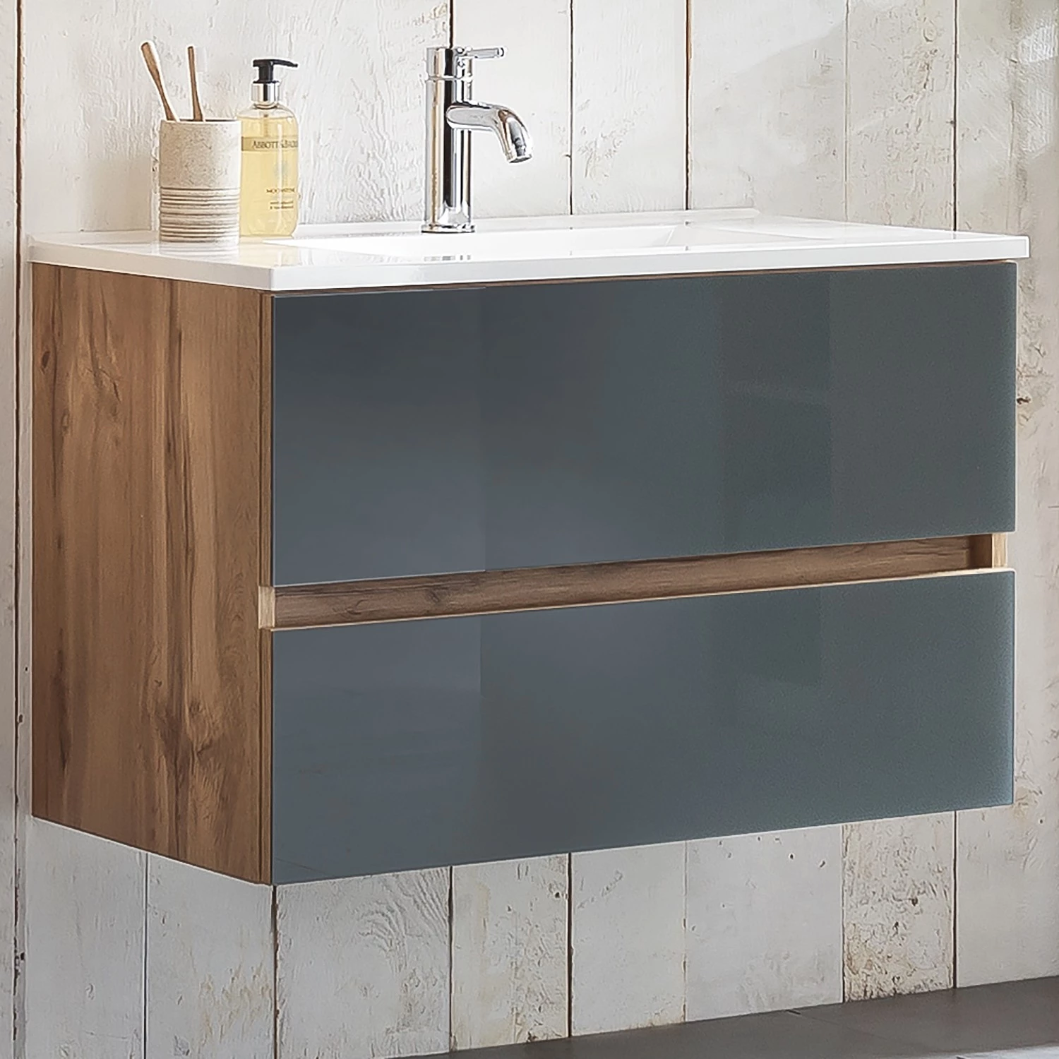 Giessbach Meuble avec vasque Tira II - Avec vasque en céramique - Verre Gris / Imitation chêne Wotan 4 Giessbach Meuble avec vasque Tira II - Avec vasque en céramique - Verre Gris / Imitation chêne Wotan – Image 2