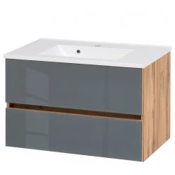 Giessbach Meuble avec vasque Tira - Verre Gris / Imitation chêne Wotan - Largeur : 80 cm