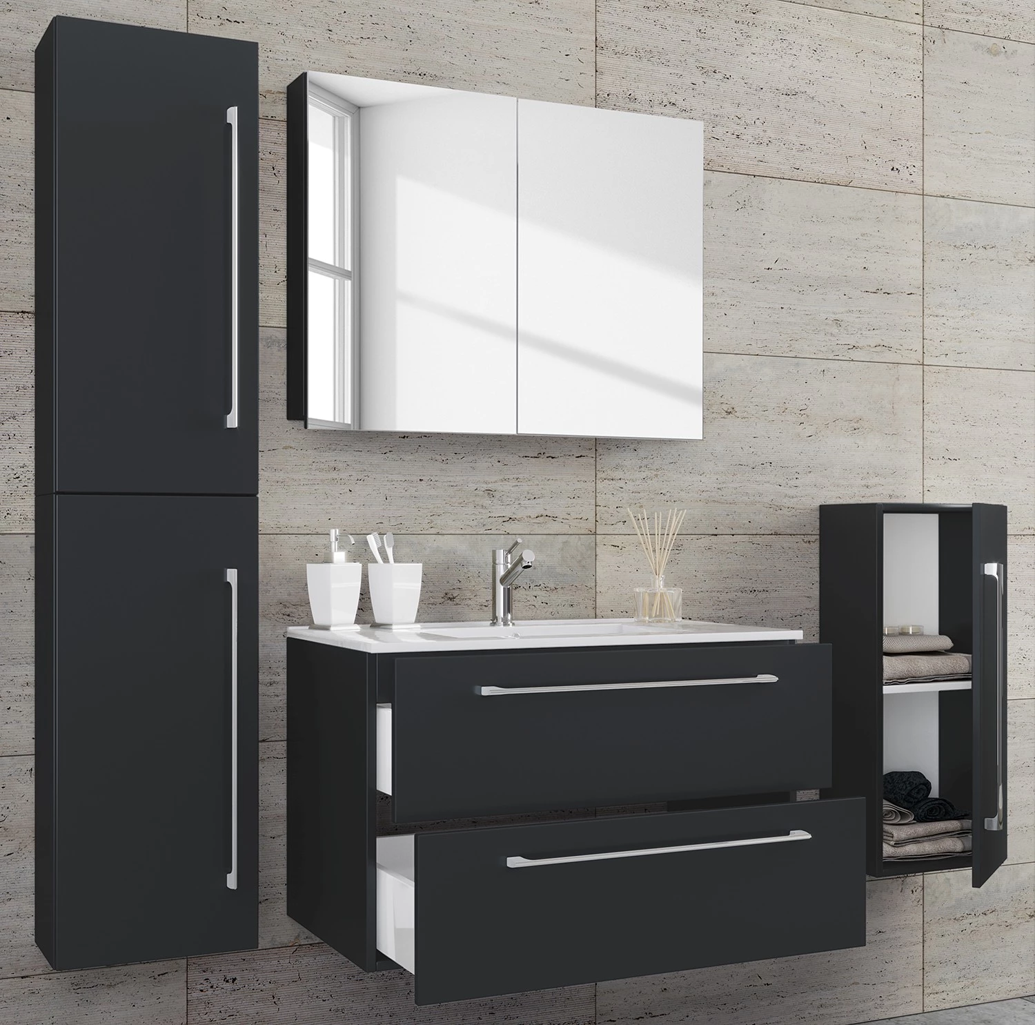 VCM Salle de bain Muniz VII (4 éléments) - Noir - Largeur : 146 cm 3 VCM Salle de bain Muniz VII (4 éléments) - Noir - Largeur : 146 cm