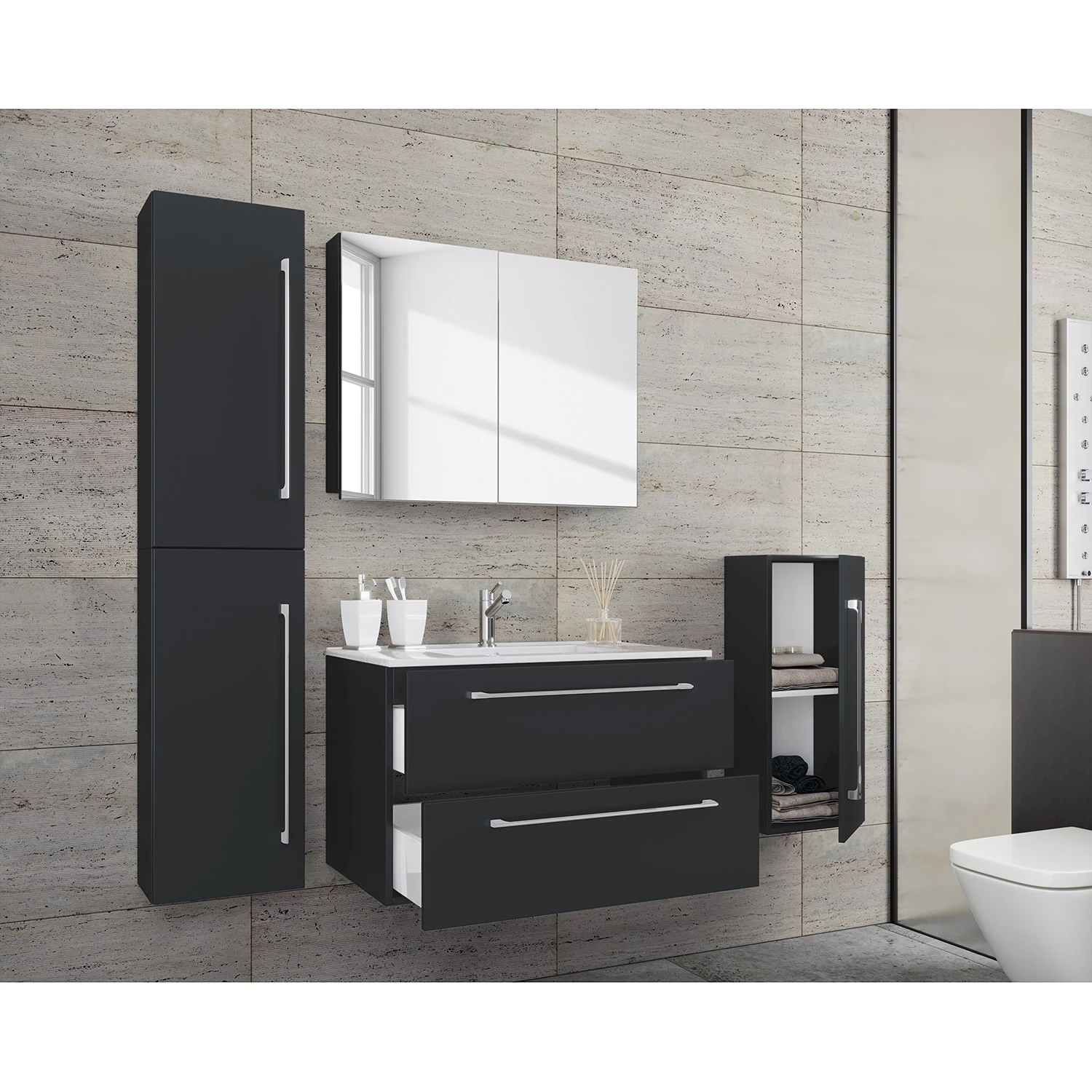 VCM Salle de bain Muniz VII (4 éléments) - Noir - Largeur : 146 cm 4 VCM Salle de bain Muniz VII (4 éléments) - Noir - Largeur : 146 cm – Image 2