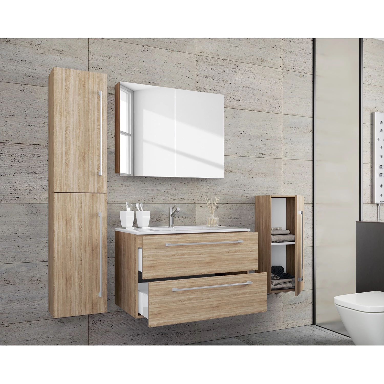 VCM Salle de bain Muniz VII (4 éléments) - Imitation chêne de Sonoma - Largeur : 126 cm 4 VCM Salle de bain Muniz VII (4 éléments) - Imitation chêne de Sonoma - Largeur : 126 cm – Image 2