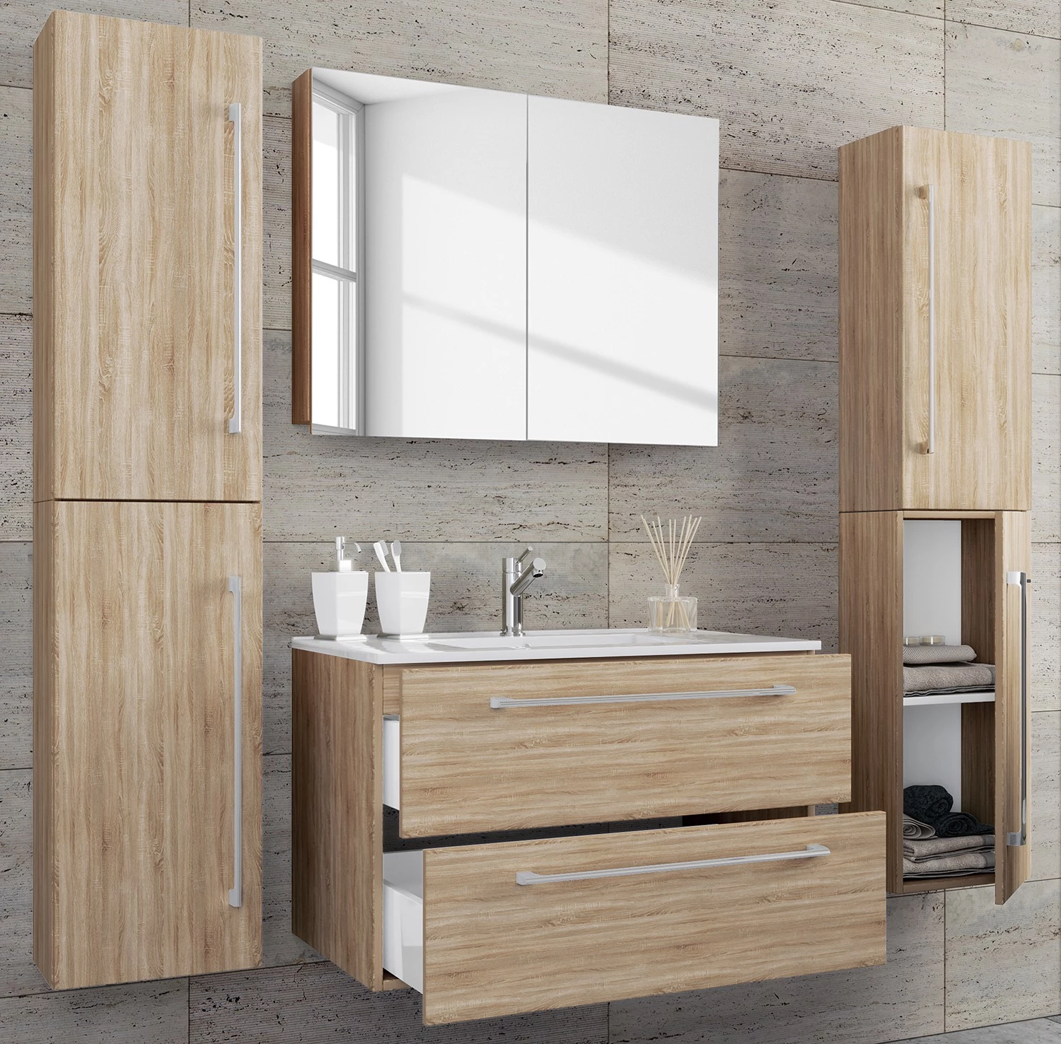 VCM Salle de bain Muniz XI (4 éléments) - Imitation chêne de Sonoma - Largeur : 126 cm 3 VCM Salle de bain Muniz XI (4 éléments) - Imitation chêne de Sonoma - Largeur : 126 cm