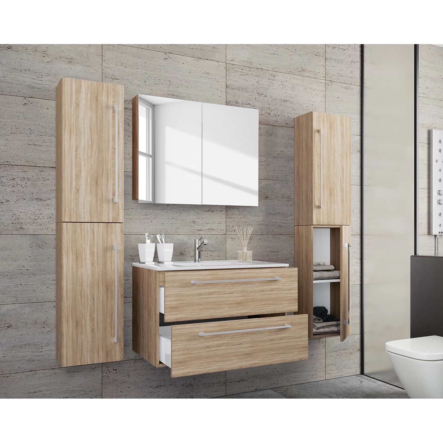 VCM Salle de bain Muniz XI (4 éléments) - Imitation chêne de Sonoma - Largeur : 126 cm 4 VCM Salle de bain Muniz XI (4 éléments) - Imitation chêne de Sonoma - Largeur : 126 cm – Image 2