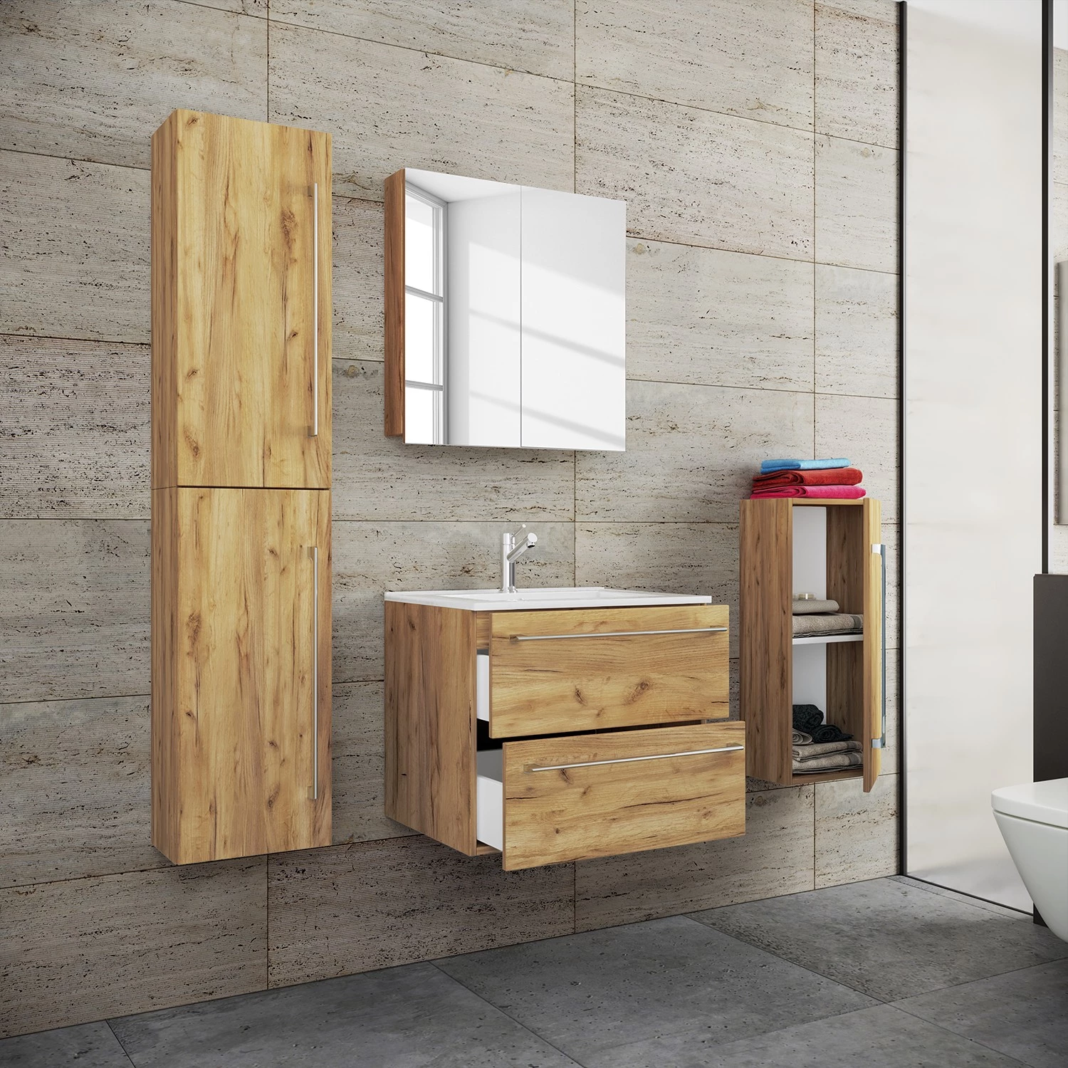 VCM Salle de bain Muniz VIII (4 éléments) - Imitation chêne - Largeur : 126 cm 4 VCM Salle de bain Muniz VIII (4 éléments) - Imitation chêne - Largeur : 126 cm – Image 2