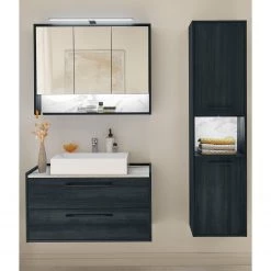 Red Living Salle de bain Bodmin I (3 éléments) - Avec éclairage - Noir / Imitation marbre blanc