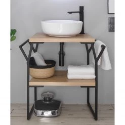 Red Living Meuble avec vasque Laos I - Fer - Noir mat / Imitation chêne artisan - Largeur : 75 cm