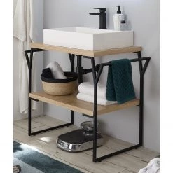 Red Living Meuble avec vasque Laos II - Fer - Noir mat / Imitation chêne artisan - Largeur : 95 cm