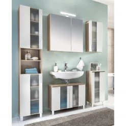 Trendteam Armoire colonne Porto - Blanc / Imitation chêne brut de sciage -Meubles de salle de bain Soldes 2022 hochschrank porto weiss eiche saegerau dekor 5089076