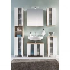 Trendteam Armoire de toilette Porto - Blanc / Imitation chêne brut de sciage -Meubles de salle de bain Soldes 2022 hochschrank porto weiss eiche saegerau dekor 5089080 1