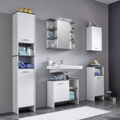 Trendteam Colonne de salle de bain San Diego - Blanc mat / Imitation chêne gris cendré -Meubles de salle de bain Soldes 2022 hochschrank san diego matt weiss rauchsilber dekor 5205852 1