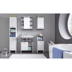 Trendteam Armoire de toilette San Diego - Blanc mat / Imitation chêne gris cendré -Meubles de salle de bain Soldes 2022 hochschrank san diego matt weiss rauchsilber dekor 5205856