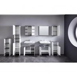 Trendteam Armoire de toilette San Diego - Blanc mat / Imitation chêne gris cendré -Meubles de salle de bain Soldes 2022 hochschrank san diego matt weiss rauchsilber dekor 5205864