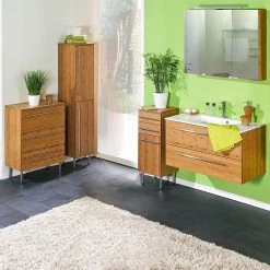 Schildmeyer Meuble bas Bern - 3 tiroirs - Bambou verni naturel -Meubles de salle de bain Soldes 2022 unterschrank bern mit 3 schubkaesten bambus natur lackiert 1324224